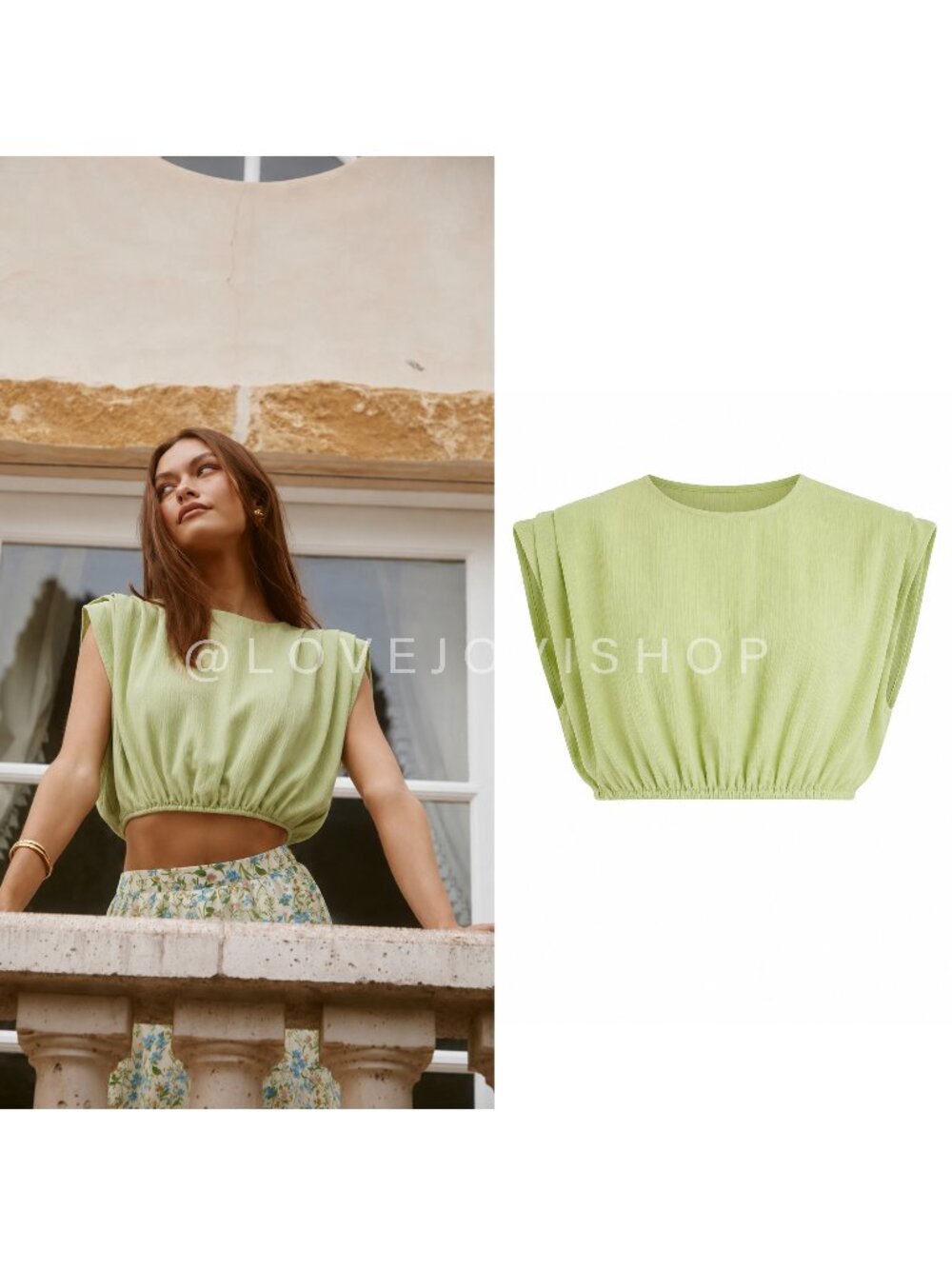 Feminine | ASTR Celadon Green Cropped Blouson Top | Cap Sleeve Elastic Waist | M